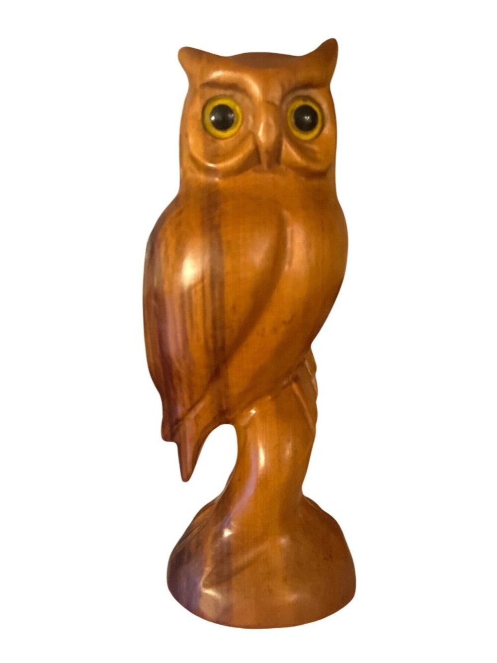 Vtg Hand-Carved Solid Wooden Owl Statue Figurine Yellow Glass Eyes 11.5"